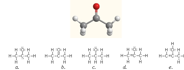 Acetone, shown here, is a common solvent and component of fingernail polish remover. Which of the following Lewis structures is acetone?