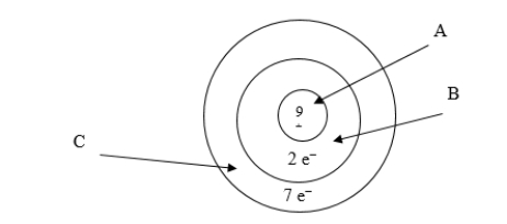 <strong>Below is an illustration of an atom of fluorine. Which arrow points to the part of the atom involved in bonding? </strong> A) A B) B C) C D) Both B and C E) None of the above are involved in bonding.