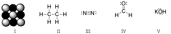 <strong>Which of these structures is a diatomic molecule? </strong> A) I B) II C) III D) IV E) V