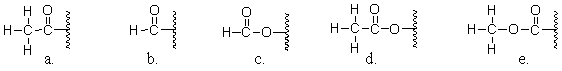 <strong>Which of the following molecules is an acetyl group? </strong> A)a B)b C)c D)d E)e