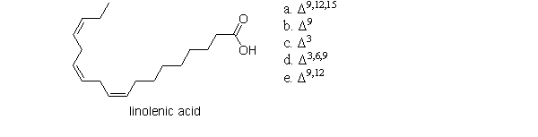 <strong>Which of the following choices correctly numbers linolenic acid (shown below) using the delta system? </strong> A) a B) b C) c D) d E) e