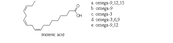 <strong>Which of the following choices correctly numbers linolenic acid (shown below) using the omega system? </strong> A) a B) b C) c D) d E) e