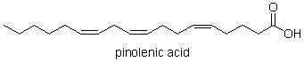 <strong>Which of the following choices correctly numbers pinolenic acid (shown below) using the omega system? </strong> A) omega-5,9,12 B) omega-5 C) omega-3 D) omega-6 E) omega-6,9,13