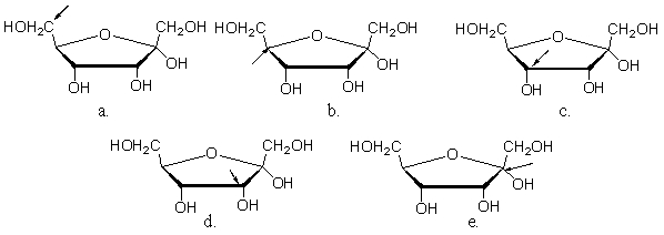 <strong>In which of the following Haworth projections is the arrow pointing to the anomeric carbon? </strong> A)a B)b C)c D)d E)e