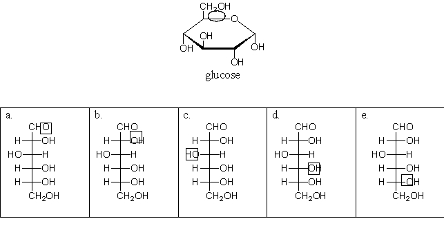 <strong>The circled oxygen in the cyclic structure of glucose corresponds to which boxed oxygen in the linear structure? </strong> A)a B)b C)c D)d E)e