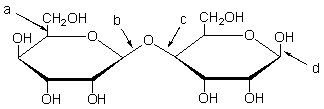 <strong>Which of the following arrows is pointing to a glycosidic bond? </strong> A) a only B) b only C) c only D) b and c E) b, c, and d