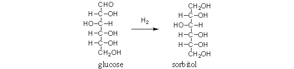 <strong>Sorbitol is a sweetener often used in chewing gum and diet drinks. It is obtained by the following reaction. Which of the following functional group transformations occur during this reaction? </strong> A) The aldehyde becomes an alcohol. B) An alcohol becomes an aldehyde. C) An alcohol disappears. D) A new aldehyde appears. E) All of the above