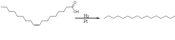 <strong>The following reaction is the hydrogenation of an unsaturated fatty acid. Which of the following choices best describe molecules A and B? </strong> A) Both A and B are fats. B) Both A and B are oils. C) A is a fat and B is an oil. D) A is an oil and B is a fat. E) A is an oil and B is a trans-fat.