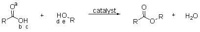 <strong>The reaction of a carboxylic acid and an alcohol in the presence of a catalyst produces an ester and a molecule of water. Which of the labeled atoms below are involved in making the molecule of water? </strong> A) a and d B) b and d C) b, c, and d D) a, c, and d E) c, d, and e