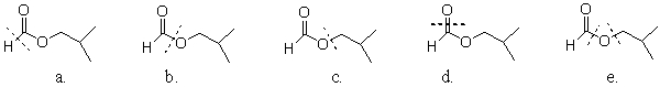 <strong>Which ester has a line through the bond(s) that is broken during hydrolysis? </strong> A)a B)b C)c D)d E)e