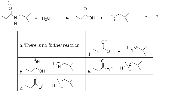 <strong>An amide is hydrolyzed as is shown in the following reaction. After it is hydrolyzed, it undergoes another reaction. Which of the following choices represent the products of this further reaction? </strong> A)a B)b C)c D)d E)e