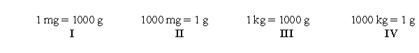 <strong>Which of the following unit conversions are useful when converting 312 mg to kilograms? </strong> A) I and III B) II and IV C) I and IV D) II and III E) All of them are useful.