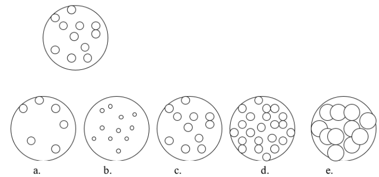 <strong>Imagine that you have a beaker of gas molecules as shown in the image below.If all of the gas in the beaker is transferred to a new beaker half the size of the original beaker, while maintaining the same temperature, which view BEST represents what the gas would look like? </strong> A) diagram a B) diagram b C) diagram c D) diagram d E) diagram e