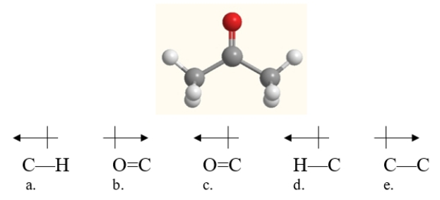 <strong>Which bond in acetone, shown below, is correctly labeled with a dipole arrow? </strong> A) structure a B) structure b C) structure c D) structure d E) structure e