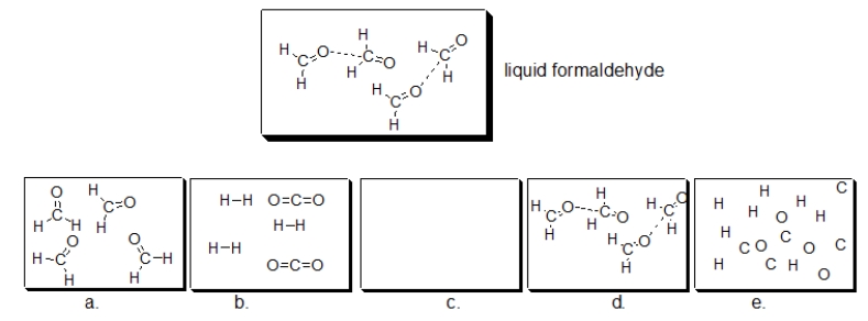 <strong>Formaldehyde, commonly used to preserve biological specimens, is shown in the structure below.If liquid formaldehyde is boiled, which of the following illustrations BEST depicts how formaldehyde looks in the resulting vapor? </strong> A) diagram a B) diagram b C) diagram c D) diagram d E) diagram e