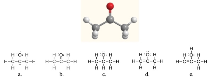 Acetone, shown here, is a common solvent and component of fingernail polish remover.Which of the following Lewis structures is acetone? 