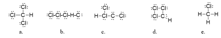 <strong>Chloroform (CHCl<sub>3</sub>)is an anesthetic and is also used in the synthesis of ozone-damaging refrigerants called CFCs.What is the correct Lewis dot structure for chloroform? </strong> A) structure a B) structure b C) structure c D) structure d E) structure e