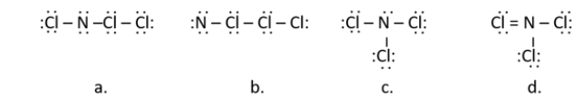 <strong>Nitrogen trichloride, once used as a bleaching agent, causes neurological disorder and was banned in 1949.Which of the following is a correct Lewis structure for nitrogen trichloride (NCl<sub>3</sub>)? </strong> A) structure a B) structure b C) structure c D) structure d