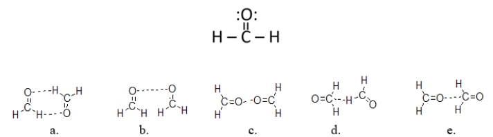 <strong>Which figure BEST illustrates how two molecules of formaldehyde (CH<sub>2</sub>O)interact? </strong> A) structure a B) structure b C) structure c D) structure d E) structure e
