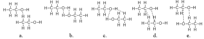 <strong>Which figure BEST illustrates how two molecules of ethanol interact? </strong> A) structure a B) structure b C) structure c D) structure d E) structure e