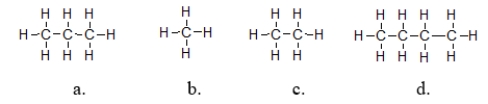 <strong>Which molecules exhibit the strongest intermolecular forces of attraction? </strong> A) structure a B) structure b C) structure c D) structure d E) They all have the same strength of intermolecular force because they are all nonpolar molecules