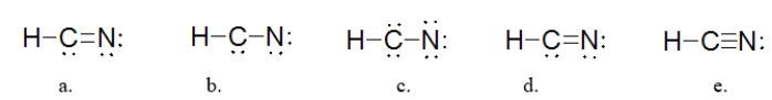 <strong>Which is the BEST Lewis structure for a molecule with the formula HCN? </strong> A) structure a B) structure b C) structure c D) structure d E) structure e