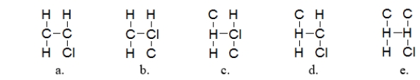 <strong>What is the most likely arrangement of the atoms in chloroethylene (C<sub>2</sub>H<sub>3</sub>Cl)? </strong> A) structure a B) structure b C) structure c D) structure d E) structure e