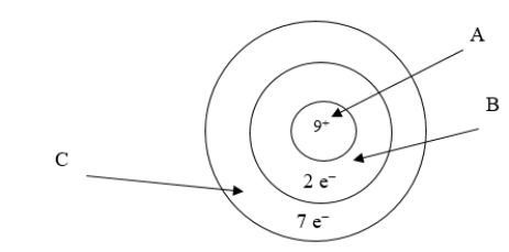 <strong>Below is an illustration of an atom of fluorine.Which arrow points to the part of the atom involved in bonding? </strong> A) A B) B C) C D) Both B and C point to the correct part of the atom. E) None of the above is involved in bonding.