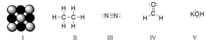 <strong>Which of these structures is a diatomic molecule? </strong> A) I B) II C) III D) IV E) V