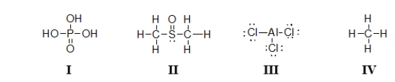 <strong>Which of the molecules below contain an atom with an expanded octet? </strong> A) I and II B) III only C) IV only D) I, II, and III E) All of these molecules have an expanded octet.