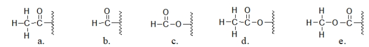 <strong>Which molecule is an acetyl group? </strong> A) molecule a B) molecule b C) molecule c D) molecule d E) molecule e