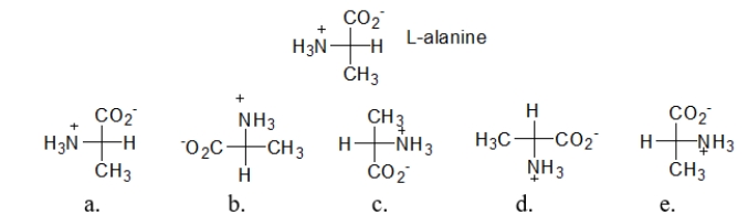 <strong>Which structure is the enantiomer of L-alanine? </strong> A) structure a B) structure b C) structure c D) structure d E) structure e