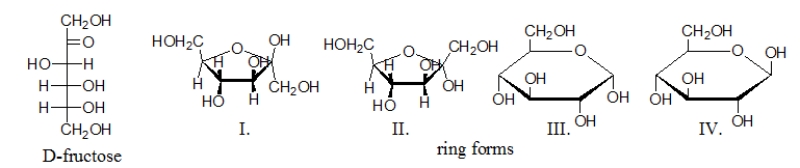 <strong>Below is the open-chain form of fructose, followed by several cyclic monosaccharides.Choose the cyclic monosaccharides that are the ring form of fructose. </strong> A) Only structure II is D-fructose. B) Only structure III is D-fructose. C) Both structures I and II are D-fructose. D) Both structure III and IV are D-fructose. E) All of these structures are D-fructose.