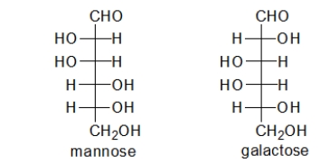 <strong>The structures of mannose and galactose are given below.What is the relationship between these two monosaccharides? </strong> A) They are identical. B) They are constitutional isomers. C) They are diastereomers. D) They are enantiomers. E) They are conformers.