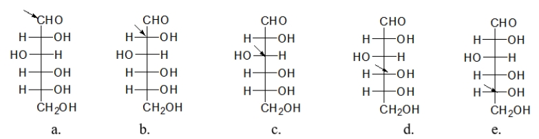 <strong>In which of the sugars below is the arrow pointing to the carbon that determines whether a sugar is α- or β-? </strong> A) structure a B) structure b C) structure c D) structure d E) structure e