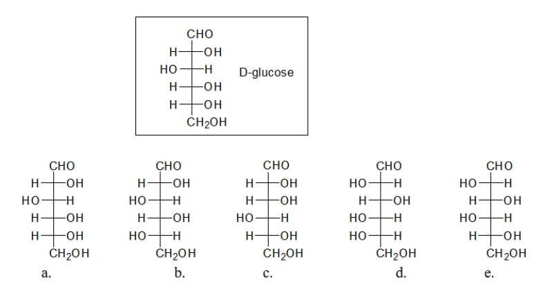 <strong>Which of the following sugars is the enantiomer of D-glucose? </strong> A) sugar a B) sugar b C) sugar c D) sugar d E) sugar e