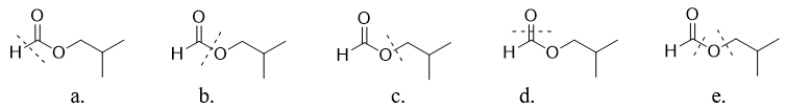 <strong>Which ester has a line through the bond(s)that is broken during hydrolysis? </strong> A) ester a B) ester b C) ester c D) ester d E) ester e