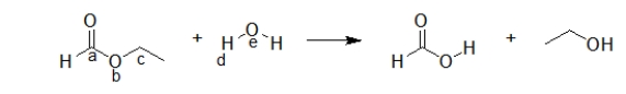 <strong>During hydrolysis reactions, as is true for all reactions, some bonds are broken and new ones are formed.Which bonds are broken, and which bonds are formed during the following hydrolysis reaction? </strong> A) Broken: a-b only Formed: e-a only B) Broken: b-c only Formed: b-d only C) Broken: b-c and d-e Formed: b-d and c-e D) Broken: a-b and b-c Formed: a-e and c-e E) Broken: a-b and e-d Formed: a-e and b-d