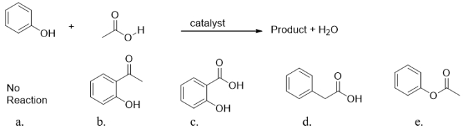 <strong>What is the product of this esterification reaction? </strong> A) choice a, no reaction B) product b C) product c D) product d E) product e