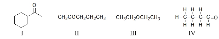 <strong>Below are several different molecules.Which ones contain a ketone? </strong> A) All of these molecules contain a ketone. B) All of these molecules except III contain a ketone. C) Only I and II are ketones. D) Only I and IV are ketones. E) Only I is a ketone.