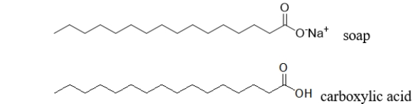<strong>Do you expect a soap molecule to be more or less soluble than a carboxylic acid with the same number of carbons shown below? </strong> A) less soluble because the soap has a higher molecular weight B) more soluble because the soap has a higher molecular weight C) less soluble because the soap is more polar D) less soluble because the soap is less polar E) more soluble because the soap is negatively charged