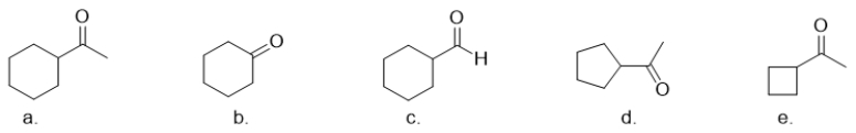 <strong>Which molecule is cyclohexanone? </strong> A) molecule a B) molecule b C) molecule c D) molecule d E) molecule e