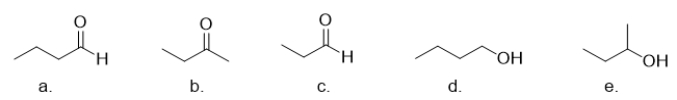 <strong>Which molecule is butanal? </strong> A) molecule a B) molecule b C) molecule c D) molecule d E) molecule e