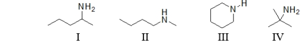 <strong>Which of the following molecules is a secondary amine? </strong> A) All of these molecules are secondary amines. B) I is the only secondary amine. C) II is the only secondary amine. D) I and II are both secondary amines. E) II and III are both secondary amines.