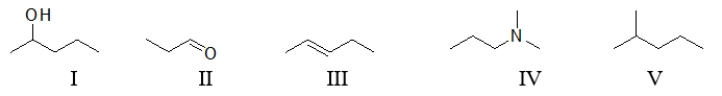 <strong>Which of the following molecules contain(s)a polar functional group? </strong> A) All of these molecules contain polar functional groups. B) All of these molecules except V contain a polar functional group. C) All of these molecules except III and V contain a polar functional group. D) Only I and II contain a polar functional group. E) Only III contains a polar functional group.