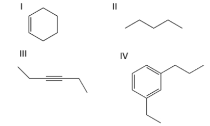 <strong>Select the compound containing the alkyne functional group. </strong> A) compound I B) compound II C) compound III D) compound IV E) compounds II and IV