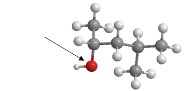 <strong>An arrow is pointing to the oxygen of the alcohol.What is the C-O-H bond angle? </strong> A) 90° B) 109.5° C) 120° D) 180° E) 270°