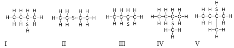<strong>Which of the following molecules contain(s)a thiol functional group? </strong> A) All of these molecules are thiols. B) Only II is a thiol. C) Molecules II and IV are thiols. D) Molecules I and V are thiols. E) All the molecules except molecule III are thiols.