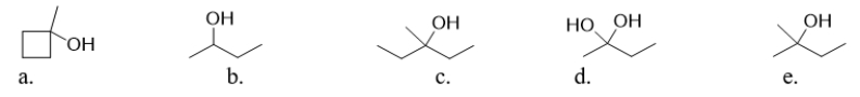 <strong>Which of the following molecules is 2-methyl-2-butanol? </strong> A) molecule a B) molecule b C) molecule c D) molecule d E) molecule e