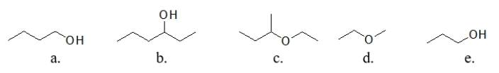 <strong>Which of these molecules has the highest boiling point? </strong> A) molecule a B) molecule b C) molecule c D) molecule d E) molecule e